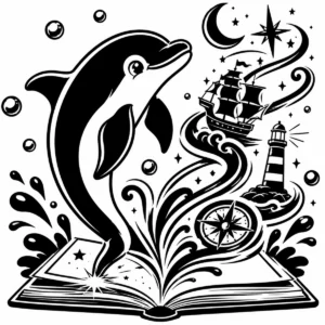 Whimsical dolphin discovering a magical nautical adventure rising from an open book.