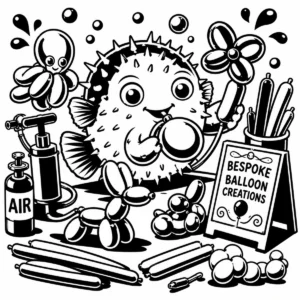Whimsical pufferfish balloon artist creating cheerful balloon animals.