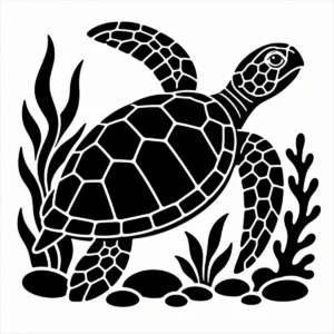 Bold monochrome sea turtle swimming with a calm, rounded natural form.