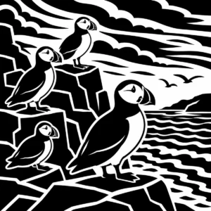Monochrome puffins perched together on rugged coastal cliffs.