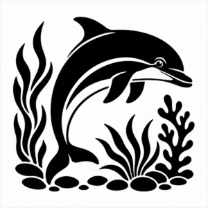 Bold monochrome dolphin shown in a smooth curved swimming pose.