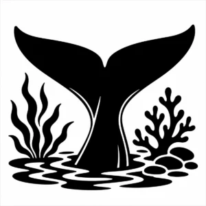 Bold monochrome whale tail fluke rising above the ocean surface.