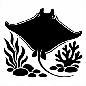 Bold monochrome manta ray gliding through the water with broad wing-like fins.