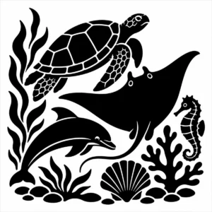 Monochrome collection of varied marine-life specimens arranged together.