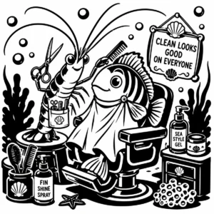 Whimsical cleaner shrimp barber tending to a fish client in an underwater salon.