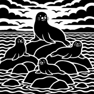 Monochrome seals resting together on rocks beside the coast.