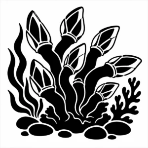 Bold monochrome goose barnacles clustered on long stalks with shell-like tips.