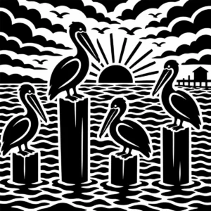 Monochrome pelicans perched on coastal posts in a playful seaside scene.