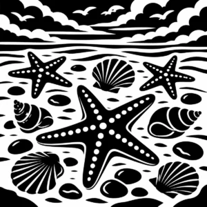Monochrome collection of starfish and shells arranged as classic beach treasures.