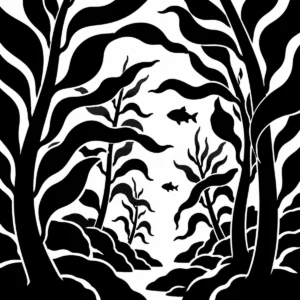 Monochrome underwater scene with giant ribbon kelp rising around a distant swimmer.
