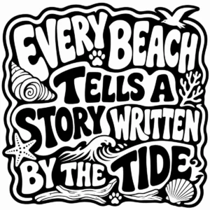 Bold monochrome lettering reading Every Beach Tells a Story.
