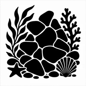 Monochrome collection of smooth sea-glass pieces in varied coastal shapes.