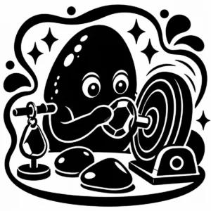 Whimsical coastal gem character polishing a collection of smooth stones.