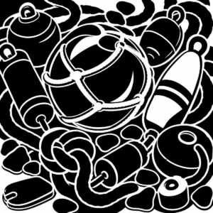 Monochrome fishing floats, chunky buoys and looping rope arranged together.