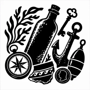 Monochrome collection of nautical curiosities and weathered coastal objects.