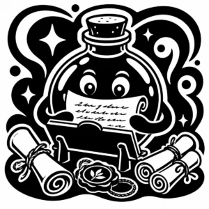 Whimsical bottle archivist writing among scrolls, notes and gathered curiosities.