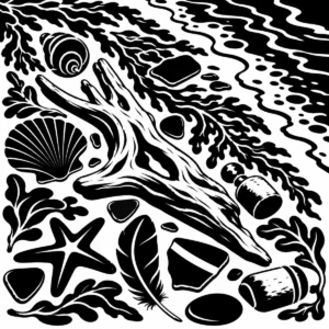 Monochrome tide line scattered with seaweed, shells, driftwood and beach finds.
