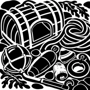 Monochrome lobster pot surrounded by rope, floats and rugged nautical finds.