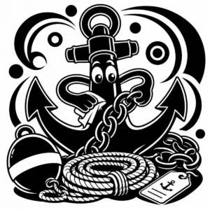 Whimsical anchor character working with coils of rope and heavy chain.
