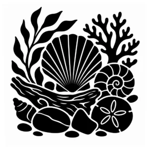 Monochrome coastal treasure tray filled with shells, pebbles and beach finds.