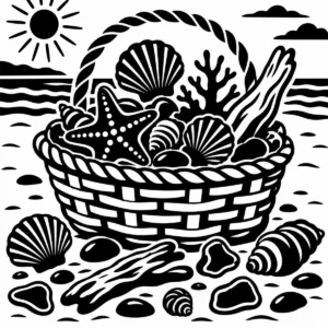 Monochrome basket filled with shells and assorted beachcombing finds.