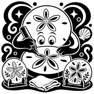 Whimsical sand dollar character carving decorative coastal patterns.