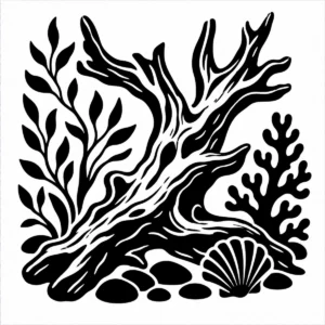 Bold monochrome driftwood sculpture with sweeping weathered natural curves.
