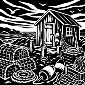 Monochrome old fisherman’s shack with rugged working-coast character.