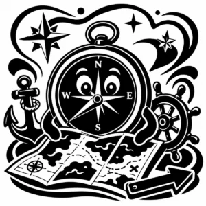 Whimsical compass cartographer studying a nautical treasure map.