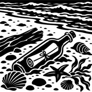 Monochrome message in a bottle resting among simple coastal details.