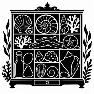 Monochrome collector’s cabinet displaying carefully arranged beach treasures.