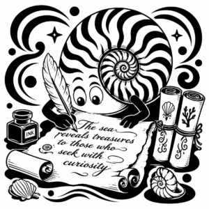 Whimsical nautilus calligrapher writing tales of coastal treasures.