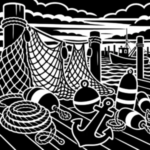 Monochrome fishing nets and buoys arranged in a practical harbour scene.