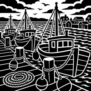 Monochrome harbour boats resting together in a calm coastal setting.