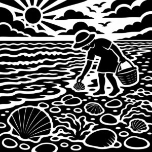 Monochrome beachcomber searching the shoreline for treasures left by the tide.