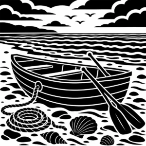 Monochrome rowboat pulled up on a beach beside the shoreline.