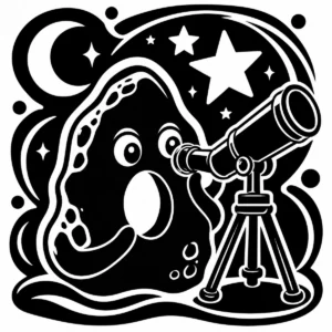 Whimsical coastal rock character looking through a telescope at the stars.