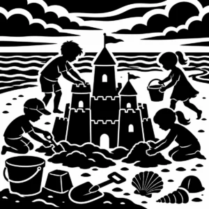 Monochrome sandcastle builders creating a playful structure on the beach.