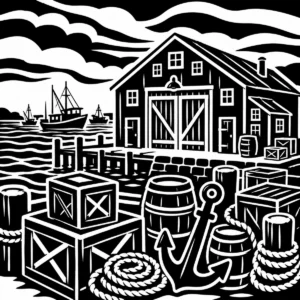 Monochrome harbour warehouse with weathered coastal working details.