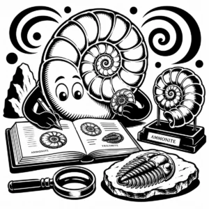 Whimsical ammonite fossil scholar examining specimens at a study desk.
