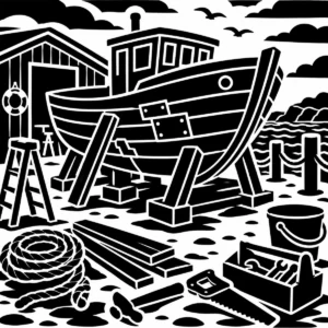 Monochrome boat repair yard with practical maritime shapes and weathered details.