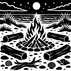 Monochrome beach bonfire creating a warm gathering point by the shore.