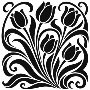 Monochrome tulip pattern with sweeping flowers and curling leaves in a flowing arrangement.