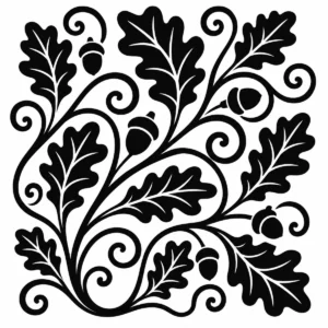 Curving oak leaves and acorns sweeping across the page in a lively botanical pattern.