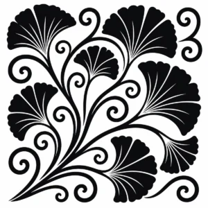 Stylised ginkgo leaves and curling stems in a flowing decorative pattern.