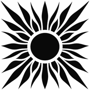 Graphic sunburst with long pointed rays radiating from a bold circular centre.