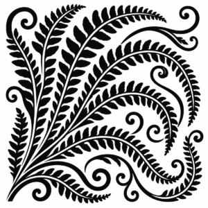 Sweeping fern fronds with curling spirals and repeated leaflets.