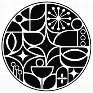 Mid-century circular composition with rounded blocks, stars and abstract shapes.