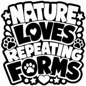 Bold decorative lettering reading Nature Loves Repeating Forms.
