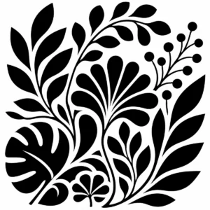 Decorative botanical arrangement with leaves, berries and curling stems.
